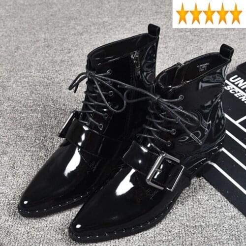 New Winter Euro Lace Autumn Up Zip Buckle Womens Motorcycle Fashion British Pointed Toe Patent Leather Female Short Boots