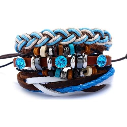 New Product Vintage Boho Punk Brown Wrap Leather Sea Blue White Cord Knot Faceted Crystal Charm Layers Unisex Bracelets Bangles