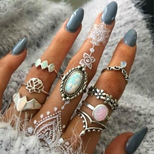 Engagement Ring Jewelry Bohemia OPAL Lotus Large Gem Set Ring Set of 8 Piece Rings For Women