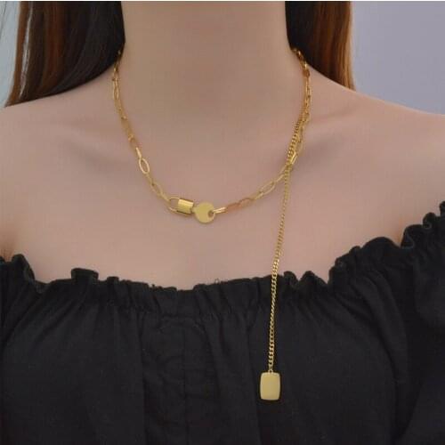 ALLNEWME Personality Square Coin Pendant Necklace for Women Gold Color Hollow Chunky Chain Long Tassel Titanium Steel Necklaces