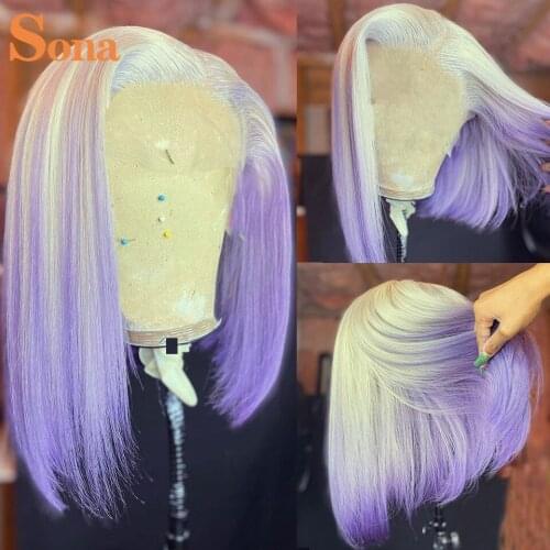 Ombre Purple Color Wig Pixie Cut Short Bob Lace Front Human Hair Wigs Colored Blonde Pink Blue lace Frontal Wigs for Women