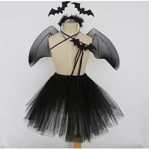 Halloween Dress Up Costume Girl Kids Skirt Bat Wings Black Hells Angel Devil Party Queen Wings Headband Wands