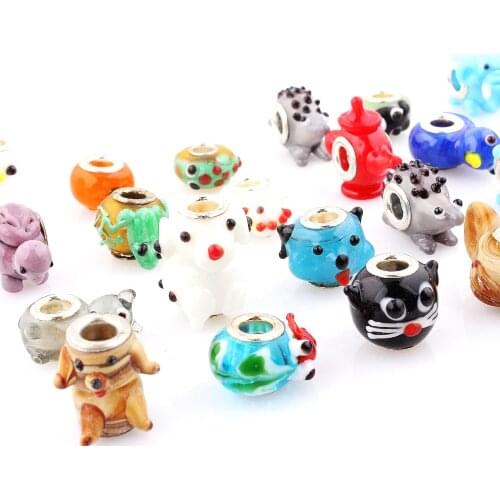 QianBei Wholesale 20pcs /Lot Mix Style Animal Murano Glass Lampwork Beads Big Hole Silver Core For European Charm Bracelet