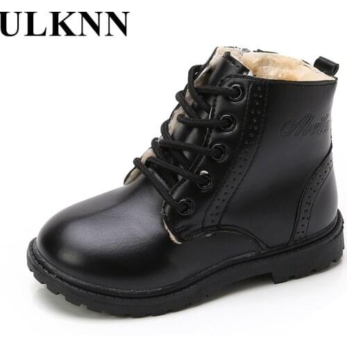 ULKNN Rubber Boots For Children Winter Shoes For Toddlers Black Solid Mid-Calf Antislippery Zip Kids Leather Plush Martin Boots