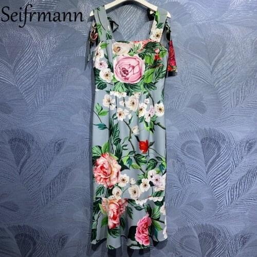 Seifrmann New 2021 Summer Women Fashion Designer Mermaid Dress Sexy Spaghetti Strap Bow Floral Printed Long Dresses Vestidos