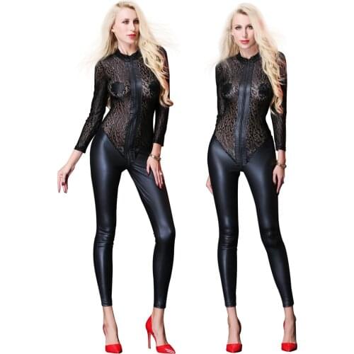 Sexy Women Faux Leather Jumpsuit Sexy Body Suits PU Catsuit Teddy Leotard Costumes Lace Pole Dance Full Length Bodysuit