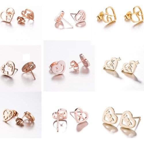 Stainless Steel Love Heart Shaped Earrings Minimalist Cross Word Map Snow Mountain Smile Face Butterfly Earrings Cute Gift Kids