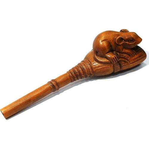Y7516 - 2" Hand Carved Japanese Boxwood Netsuke Figurine Carving : Mouse on Broom