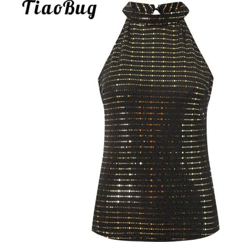 Womens Sleeveless Sparkle Sequin Tops Halterneck Short Vest Sexy Club Tank Top