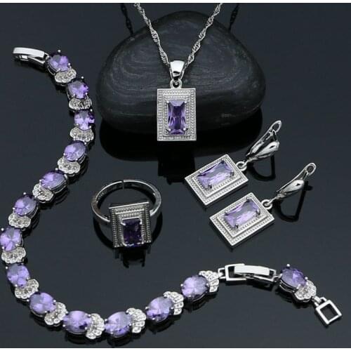 925 Sterling Silver Bridal Earrings Ring Pendant Chain Bracelet Purple Amethyst Square Jewelry Set for Women