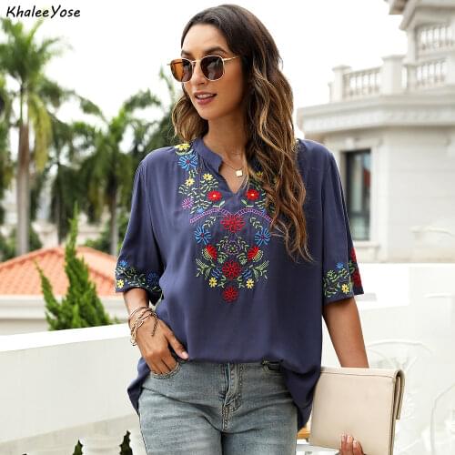 KHALEE YOSE Floral Embroidery Blouses Shirt Navy Cotton Summer Boho Mexican Shirts Plus Size 2xl 3xl Ethnic Hippie Tops 2021