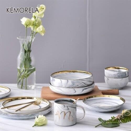 Marble Pattern Ceramic Bowl Phnom Penh Round Salad Steak Dinner Plates Family Soup Bowl Creative Nordic Dessert Tableware Set