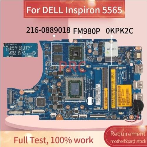 CN-0KPK2C 0KPK2C For DELL Inspiron 5565 FM980P Notebook Mainboard LA-D803P 216-0889018 DDR4 Laptop Motherboard