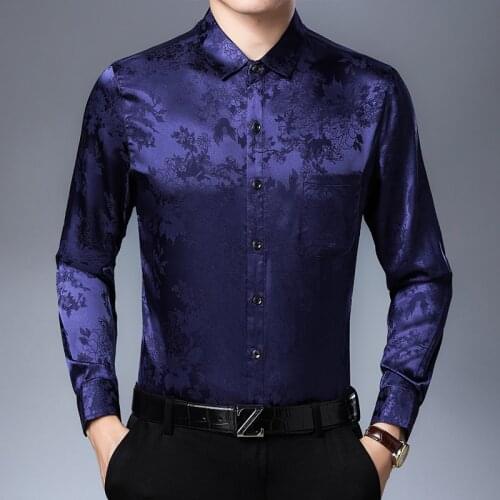 Male Silk Floral Shirt Spring & Autumn Mens Long Sleeve Shirt Soft Silk Satin Dress Shirts Free Shipping