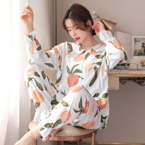 Spring Summer New Viscose Pajamas Womens Long-sleeved Thin Cardigan Cotton Silk Home Service Japanese Student Cotton Silk Suit