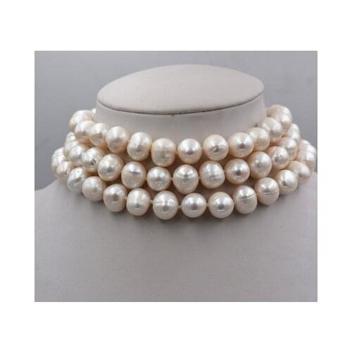 New 3 ROWS 9-10MM WHITE PEARL NECKLACE 17"-19" EARRING SET