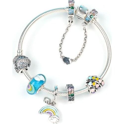 NEW 100% 925 Sterling Silver Genuine New 1:1 Fun Series Love Rainbow Glass Love Arc Ocean Charm Heart Bracelet Set