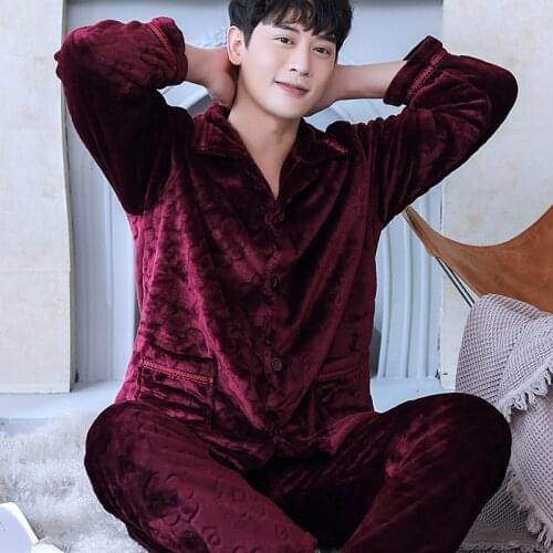 H5911 Pajamas Men Plus Velvet Thick Warm Sleepwear Suit Male Autumn Winter Long Sleeve Coral Fleece Flannel Large Size Nightwear