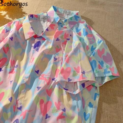 Colorful Heart Print Shirts Women Fashion Pockets Harajuku Retro Loose Ulzzang Sweet Couples All-match Blusas Streetwear Summer