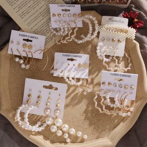 IPARAM Fashion Imitation Pearl Brinco Earring Set For Womens Vintage Golden Hair Clip Pearl Dangle Earrings Boho Gift Set
