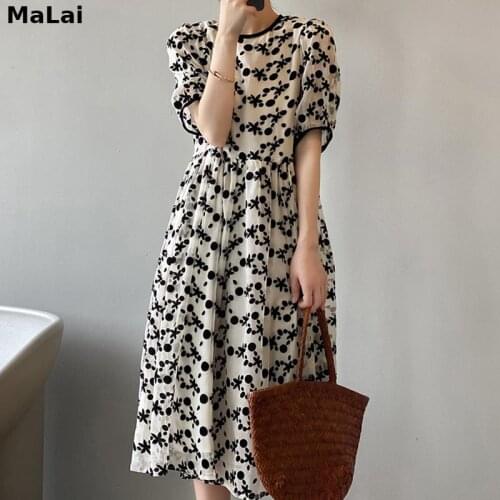 Chiffon Dress One Piece Large size Elegant Summer Retro O Neck Puff Sleeve Floral Women Polka Dot Short Sleeve A Line Vestidos