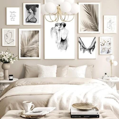 Nordic Vintage Poster Lover Kiss Palm Leaf Flower Line Wall Art Print Canvas Painting Wall Picture For Living Couple Room Decor