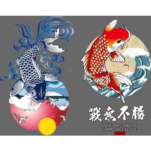 Japanese Sun Carp Wave Heat Transfer Clothes Appliques PVC Material Large Washable Iron on Patches DIY for Clothing Stickers