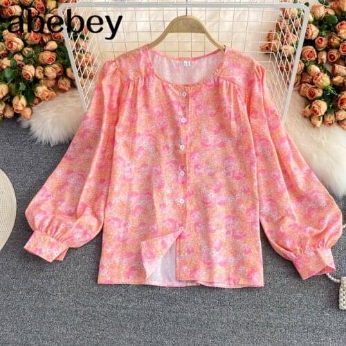 2021 New Spring Autumn Women French O-neck Lantern Sleeve Shirt single breasted high waist floral print loose Shirt Top