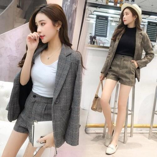 Women Fashion Plaid Two-Piece Suits Winter Korean Womens Casual Slim Jacket + Shorts OL Work Sets
