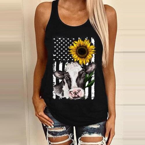 Women Sleeveless Vest Sunflower American Flag Cow Head Printing Tank Blouse Top Daily Casual All-match Lovely Girls Pure Vest