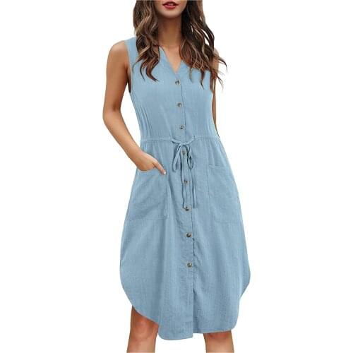 Women Tank Dresses 2021 Summer Sleeveless Solid Color V Neck Single-Breasted Lace-Up Pocket Long Vest Dress Female