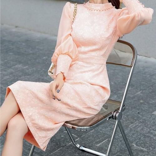 Elegant Stand Collar Puff Long Sleeve Cocktail Dress For Women Solid Color Vintage Embroidered Evening Party Dress Vestidos
