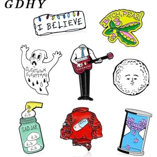 GDHY Cartoon Pins White Ghost Cherry Blossom hourglass Red coat Medicament bottle Pea monster Drinks Rock guitarist Enamel pins