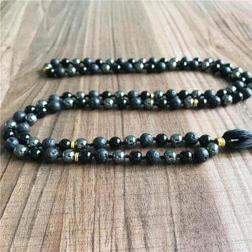 108 Mala Beads Knotted Necklace Black Onyx & Lava Stone & Hematite Mala Necklace Meditation Necklaces Mens Jewelry Gift For Men