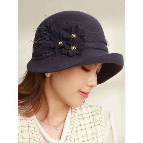2021 Autumn and Winter 100% Australia Wool Cloche Hat Lady Asymmetric Brim Felt Hats Woman Fashion Flower Fedoras 55-58cm