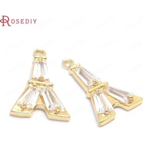 37739)6PCS 10x12MM 24K Gold Color Brass and Zircon Eiffel Tower Charms Pendants Jewelry Making Supplies Findings Accessories