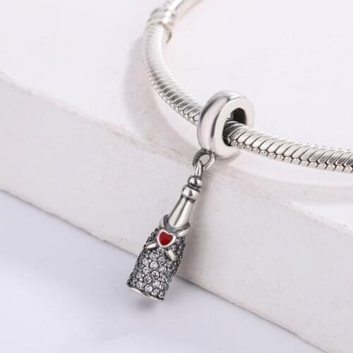 925 Sterling Silver Heart-Shaped Red Enamel Sparkling Effervescent Wine Bottle Dangle Charm Bracelet Jewelry Making For Pandora