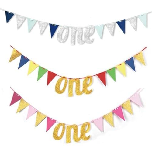 Glitter One Banner Monthly 1st Year Birthday Flags Boy Girl First Birthday Baby Shower Bunting Garland Party Decoration Supplies