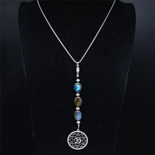 Yoga Flower of Life Flash Stone Stainless Steel Chain Necklaces for Women Silver Color Long Necklace Jewelry cadena NXS04