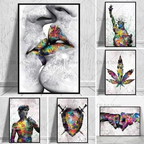 Graffiti Art Lover Kissing Canvas Paintings Street Art Posters Prints Wall Art Picture for Living Room Cuadros Home Decoration