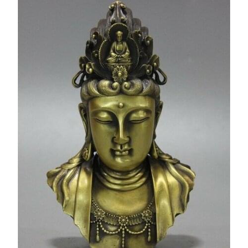 China Buddhism Pure Brass Copper Kwan-yin Guanyin Head Bodhisattva Buddha Statue