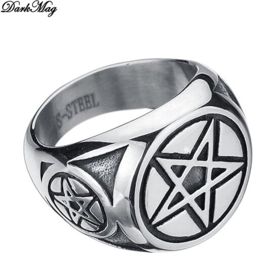 DarkMag Stainless Steel Pentagram Star Couple Ring Casual Engagement Wedding Finger Rings Jewelry Gift For Women Men