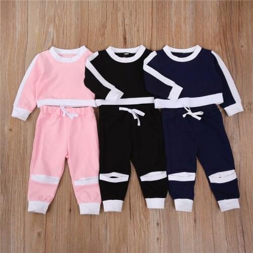 2 Pieces Baby Suit Set Kids Round Neck Long Sleeve Crop Tops T-Shirt and Trousers Children Clothes Sets Blue/Pink/Black