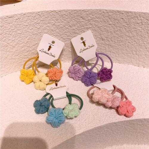 3 Pcs Korean Sweet Girl Fashion Ponytail Hair Accessories Simple Cute Colorful Woolen Flower Rubber Band Hair Rope Kids Headwear