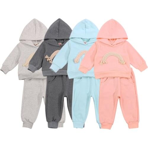 0-24M Fashion Toddler Baby Girls Boys Clothes Sets Rainbow Long Sleeve Hoodie Pullover Tops Pants Casual 2PCS Autumn