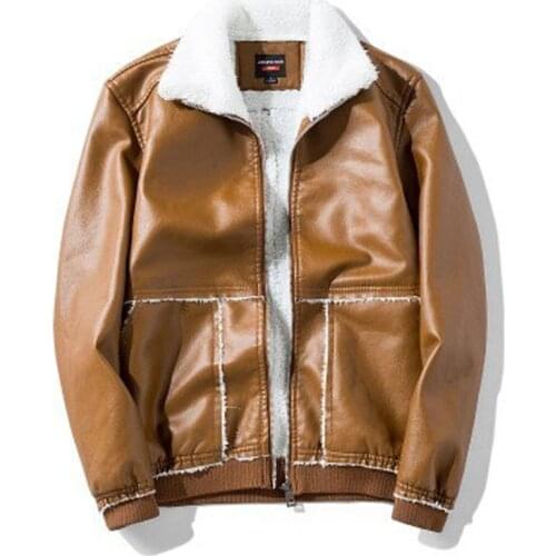 Mens Jackets Autumn 2019 PU Solid Turn-down Collar Zipper Coat Casual Velvet Male Clothing Hot Sale M-8XL