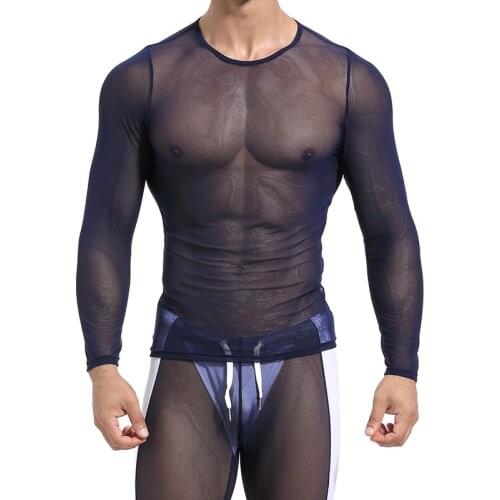 Mens Mesh See-through Fishnet Shirt Sexy Long Sleeve Nightclub Wear undershirt Men Party Perform Streetwear Tops Fitness Riding
