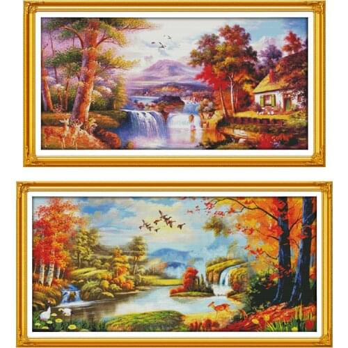 Joy Sunday DIY Golden Autumn Scenery Cross Stitch Kits 11CT 14CT Counted and Stamped Embroidery Set Needlework Home Decor Gifts