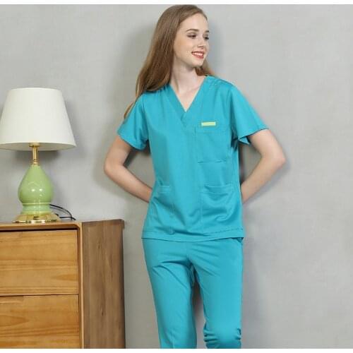 Teal Silky Scrub Uniform Womens Nursing Workwear Solid Color Scrubs Set Anti-static Top and Pant V Neck Working Suits 301-8