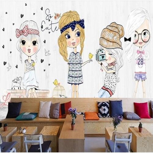 Custom 3D photo wallpaper Fashion girl hand painted cartoon mural custom mall clothing store background wall wallpaper mural
